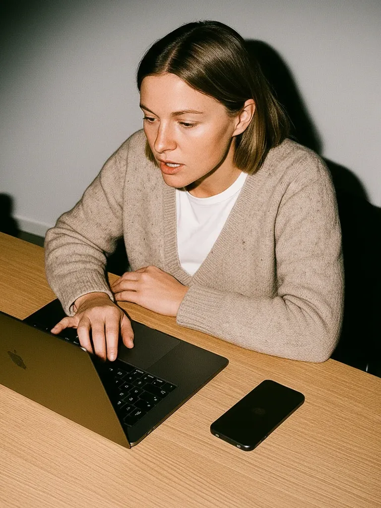 A woman typing at a laptop at a wooden desk