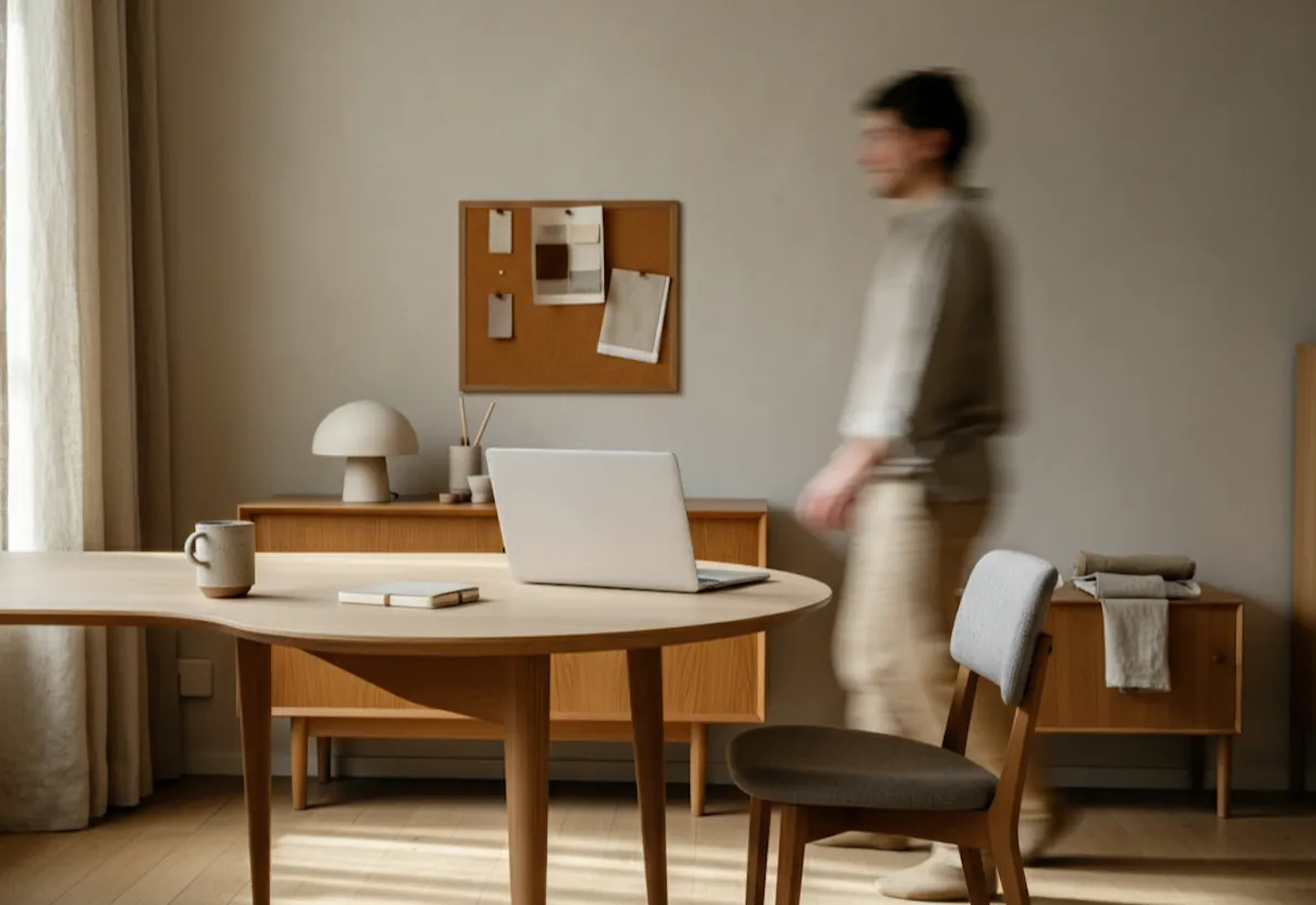 A quiet home office with a laptop on an oak desk, someone walking past